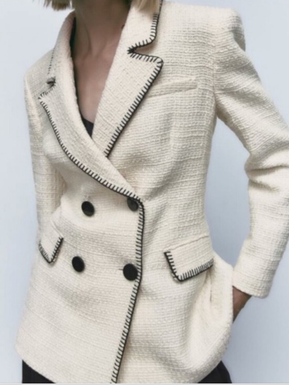 Zara Cream Double-Breasted Tweed Blazer Size L